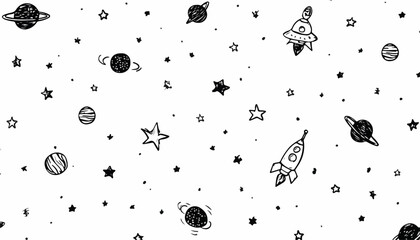 Rysunkowy wz&oacute;r kosmosu z planetami, rakietami i gwiazdami na białym tle, wektor.