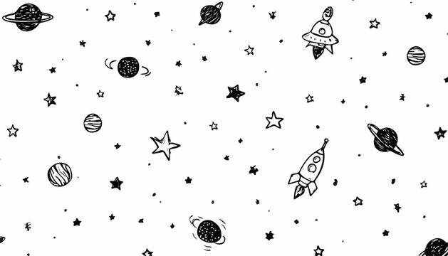 Rysunkowy wz&oacute;r kosmosu z planetami, rakietami i gwiazdami na białym tle, wektor.