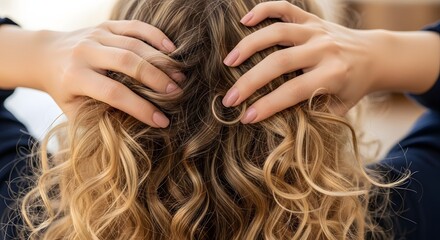 Naklejka premium Curly hair care blonde highlights woman hands styling tips product guide healthy hair routine and maintenance