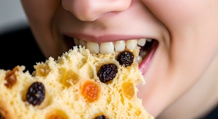 Eating delicious panettone cake with raisins fresh baked sweet bread holiday dessert christmas treat closeup view