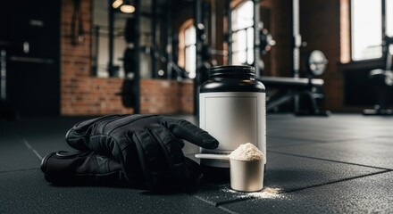 Supplement jar, sports glove, and scoop of powder on gym floor. Perfect for fitness, training, nutrition, preworkout, motivation, bodybuilding, product detail.
