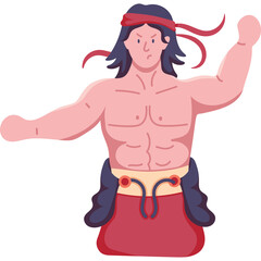 A muscular warrior with dark hair and a red headband raises his fist in a defensive stance wearing red and blue loincloth against a transparent background
