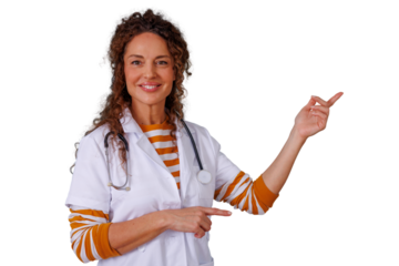 Female doctor smiling while pointing, healthcare professional indicating medical information or advice, transparent background