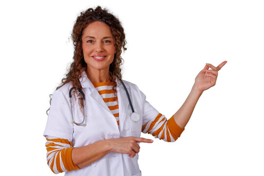 Female doctor smiling while pointing, healthcare professional indicating medical information or advice, transparent background