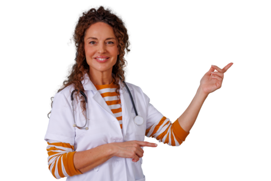 Female doctor smiling while pointing, healthcare professional indicating medical information or advice, transparent background