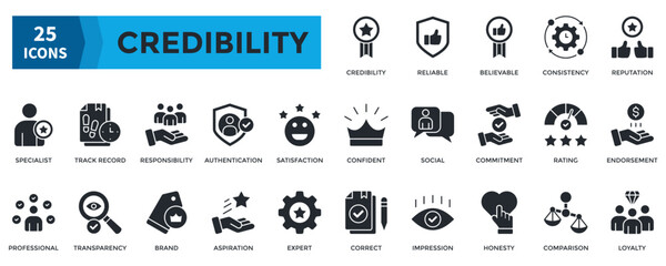 Credibility icon set. Containing  reliable, believable, consistency, reputation, track record, professional, loyalty icon. Glyph style