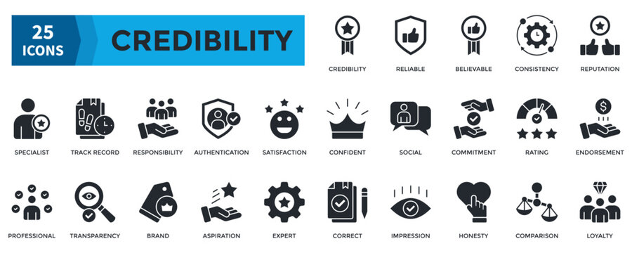 Credibility icon set. Containing  reliable, believable, consistency, reputation, track record, professional, loyalty icon. Glyph style