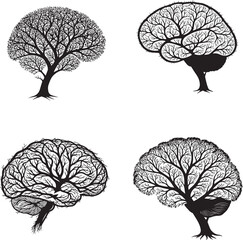 Tree-Brain Silhouette Set – Minimalist Black & White Vector Illustrations of Organic Intelligence and Cognitive Growth