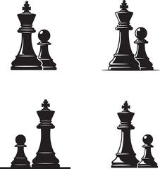 Chess Piece Silhouette Set – Minimalist Black & White Vector Illustrations of King, Queen, and Pawn Arrangements