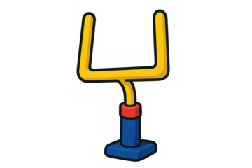 American football goalpost cartoon icon, featuring yellow uprights and crossbar on a blue base. Transparent background