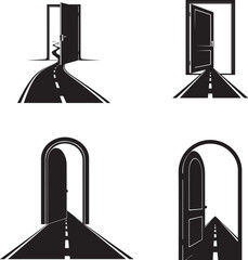 Doorway Path Silhouette Set – Minimalist Black & White Vector Illustrations of Roads Through Doors and Life Transitions