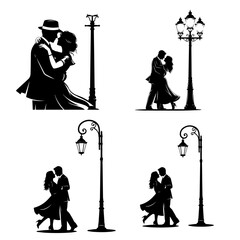 Romantic Streetlamp Silhouette Set – Minimalist Black & White Vector Illustrations of Couples in Urban Nighttime Scenes