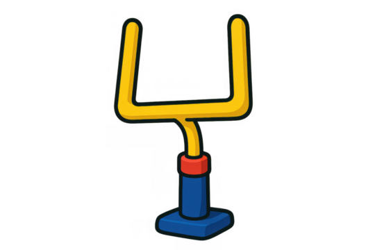 American football goalpost cartoon icon, featuring yellow uprights and crossbar on a blue base. Transparent background