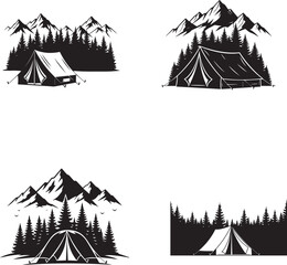 Camping Scene Icon Set – Minimalist Black & White Vector Silhouettes of Tents, Forests, and Mountain Landscapes