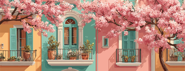 Naklejka premium Malownicze, pastelowe kamienice z balkonami ozdobionymi kwitnącymi różowymi drzewami wiśni, tworzące urokliwą wiosenną scenę.