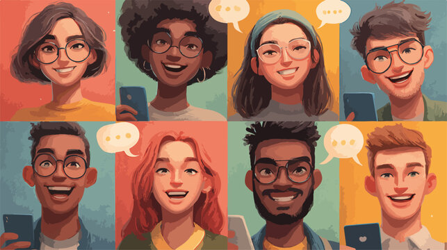 Młodzi ludzie z r&oacute;żnych kultur uśmiechają się, trzymając smartfony, symbolizując globalną komunikację i interakcje społeczne online.