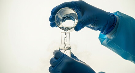 Person in blue gloves pouring clear liquid from a beaker into a test tube. Scientific experiment in laboratory for research and development.