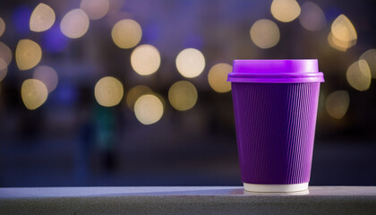 Purple Takeaway Coffee Cup Against Christmas Tree Bokeh Background. Generated Image