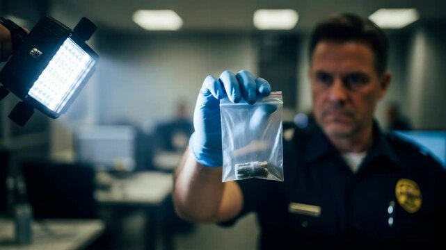 Police officer man in blue gloves holding crime evidence bag with bullet casings during investigation in police station footage.