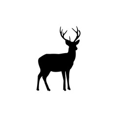 A striking black silhouette of a majestic deer with impressive antlers standing gracefully on a white background