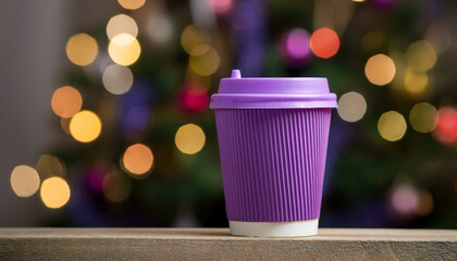 Purple Takeaway Coffee Cup Against Christmas Tree Bokeh Background. Generated Image