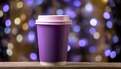 Purple Takeaway Coffee Cup Against Christmas Tree Bokeh Background. Generated Image