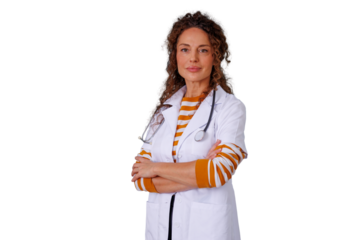 Woman doctor wearing white coat and stethoscope, standing with arms crossed, transparent background, healthcare professional