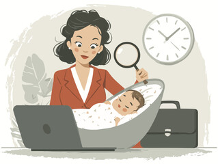 Naklejka premium Kobieta biznesu z lupą nad dzieckiem, próbująca pogodzić obowiązki zawodowe z macierzyństwem, obrazując wyzwania współczesnego rodzicielstwa.