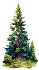 Fototapeta premium Watercolor a tall, majestic evergreen pine tree with lush green needles and a smaller pine tree beside it