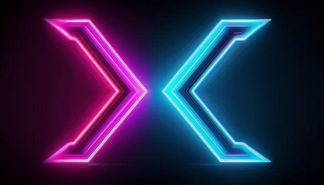a dynamic double neon arrow pointing in opposite directions glowing in alternating cyan and magenta on a pitch black background - Powered by Adobe