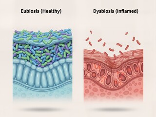 Comparison of Eubiosis (Healthy) and Dysbiosis (Inflamed) in the gut microbiome. Loss of barrier integrity leads to inflammation and pathogen overgrowth.