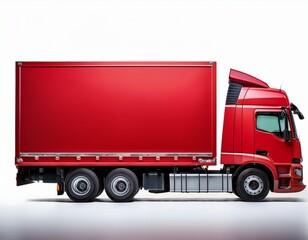 side view of large red delivery truck with ample cargo space isolated on clean white background vehicle represents efficient logistics global shipping industrial transport services clean design