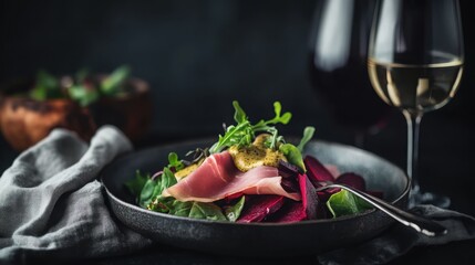 Salad with prosciutto and greens served on black table