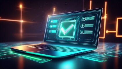 laptop with holographic digital checklist completed validation marks