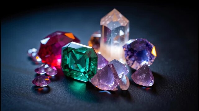 Several natural precious and semi precious gemstones shining and reflecting light on a dark textured surface, showcasing their amazing cut, color, clarity, and brilliance
