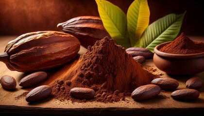 cocoa powder and cacao beans on a wooden surface generative ai