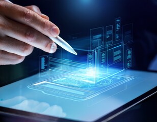 hand with stylus filling digital holographic form on tablet