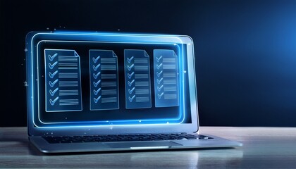 holographic checklist with blue validation marks on laptop and tablet
