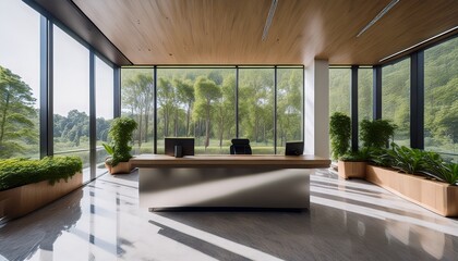 sleek modern office interior features reception desk with marble finish near panoramic windows overlooking rich greenery interior wood paneling clean lines abundant natural light creating bright