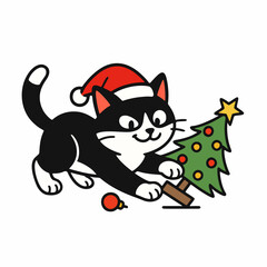 Funny cartoon cat in Santa hat playing with Christmas tree vector illustration
