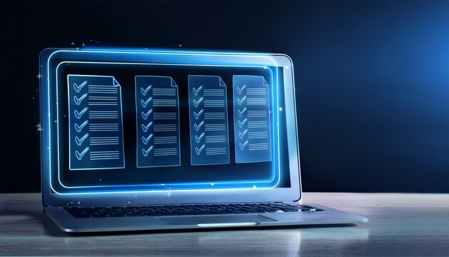 holographic checklist with blue validation marks on laptop and tablet