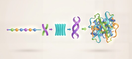 Diagram of protein structure and folding. Illustrating the stages from the amino acid chain to secondary structures (helix/sheet) and finally the complex functional 3D conformation.