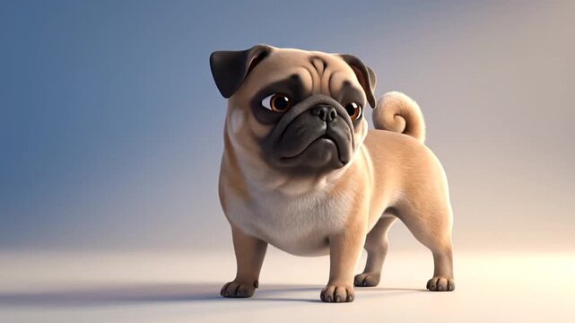 Animated pug character with expressive eyes showcasing playful and curious
