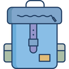 Blue backpack with purple strap and yellow tag on a transparent background, simple graphic design with zipper detail and side pockets