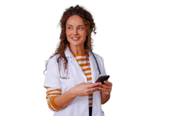Woman doctor in lab coat with a stethoscope around her neck, smiling and engaging with her phone on a transparent background