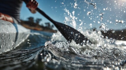 Paddle splashing through water with another paddler in background — action on water