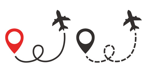 Map pin and airplane. Vector icon isolated on white background.