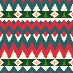 Christmas seamless pattern Red and teal ethnic stepped chevrons paired with decorative tree motifs and diamond accents for lively holiday fabric use