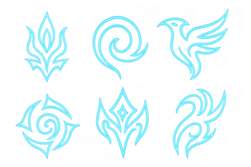 Abstract glowing blue neon line art symbols representing various elements, magic, and fantasy concepts on a transparent background