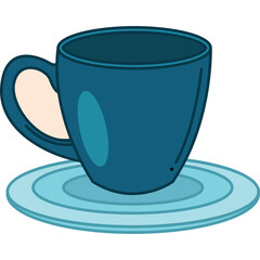 A Blue Coffee Cup With A Handle Rests On A Light Blue Saucer Against A Transparent White Background, Simple Illustration With Pixelated Details